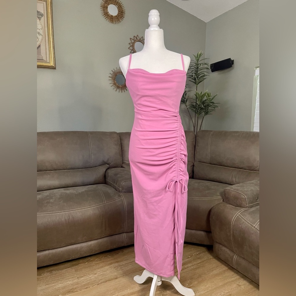 NWOT Pink Cowl Neck Ruched Dress Sz S Spring Summer Easter Wedding Vacation - Picture 8 of 8